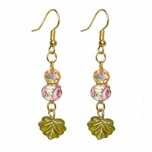 Czech Glass Rose & Leaf Dangle Earrings
